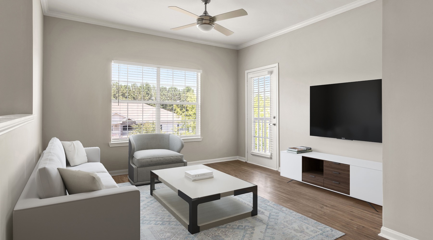 living room with tv couch and coffee table